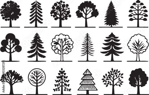 Silhouette tree line icons set. Set of outline variant silhouette tree symbol icons collection