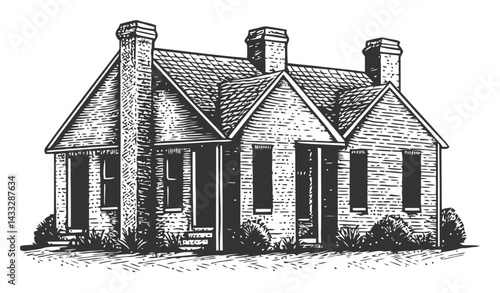 Detailed Engraving of a Classic House in Black and White Style