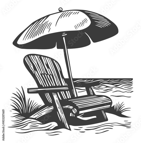 Classic Beach Scene with Chair and Umbrella in Engraving Style