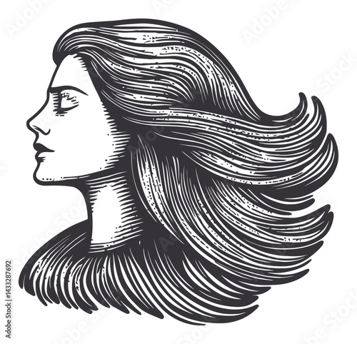 Elegant Woman Profile with Flowing Hair in Engraved Style Illustration
