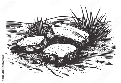 Detailed Engraving of Rocks Surrounded by Grass in Natural Setting