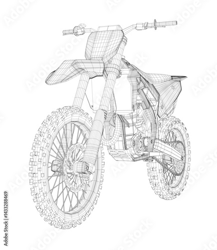 A black and white drawing of a dirt bike with a black and white background. The bike is shown from the side and is in the process of being ridden