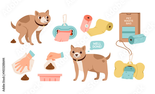 Pet waste bags set. Cleaning up after the dog. Poop bag to clean after a dog during a walk. Flat vector illustration.