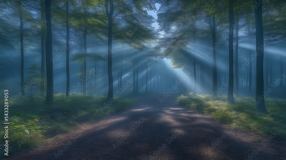 Fototapeta premium Sunbeams Forest Path Misty Morning