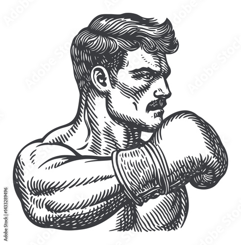 Vintage Engraved Illustration of a Powerful Boxer in Action
