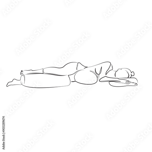 One continuous line art drawing flat illustration pregnant, bed, mother, home, woman, lying, bedroom. Isolated image hand draw outline on white background, not AI