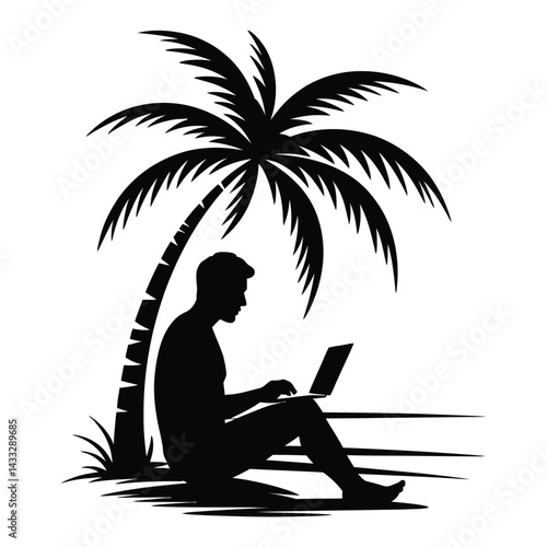  Digital nomad laptop Silhouette, Vector, Icon, Logo, White Background.