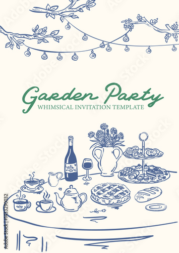 Beautiful Garden Party Whimsical Inviation Template - hand drawn illustration
