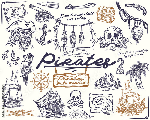 Pirates Hand Drawn Whimsical Illustration Set
