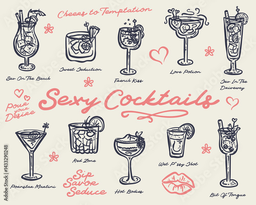 Beautiful hand drawn collection of drinks and cocktails Edition: Sexy Cocktails - vector illustration
