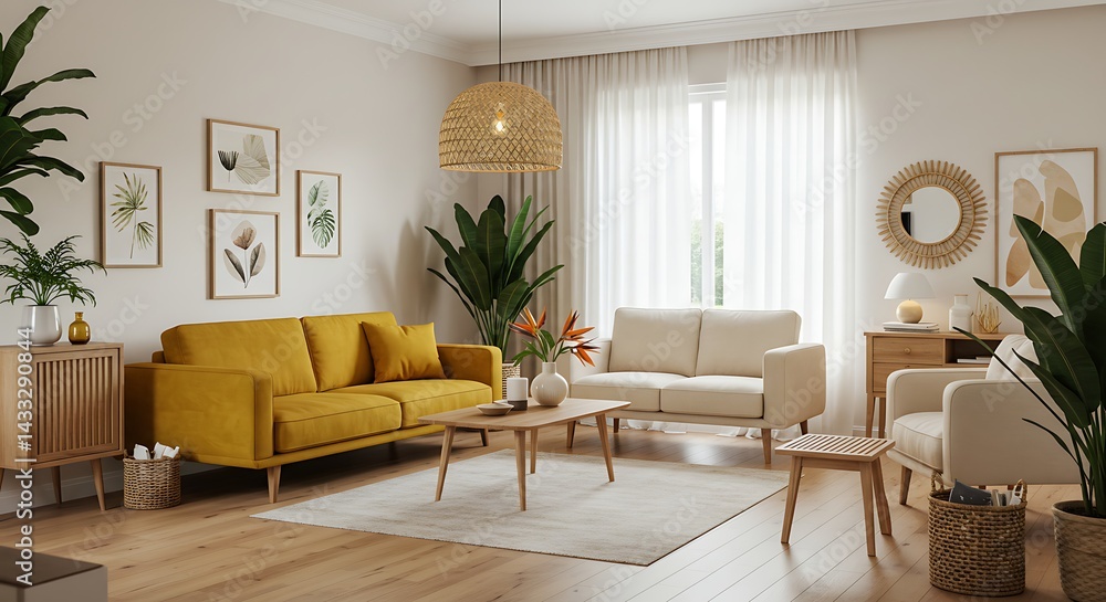 Fototapeta premium A light-filled living room showcases a vibrant yellow two-seater sofa and a cream-colored loveseat, complemented by natural wood furniture, plants, and soft textures, creating a cozy and harm 