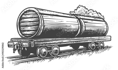 Detailed Vintage Woodcut Illustration of a Log Transportation Cart