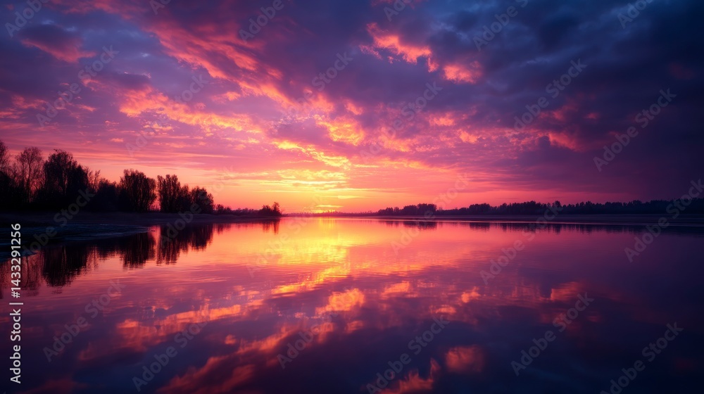 Obraz premium Lake at Sunset Reflecting Colorful Clouds and Sky in Still Water