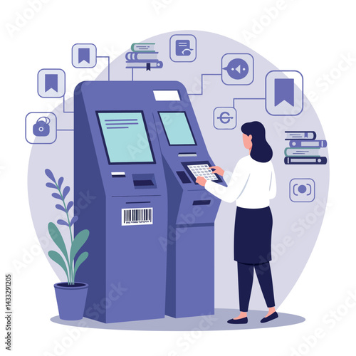 Self service kiosk with woman using touchscreen for digital transactions vector illustration 