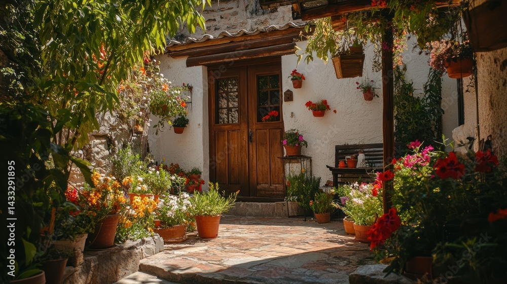 Fototapeta premium A quaint house entrance surrounded by colorful flowers and greenery
