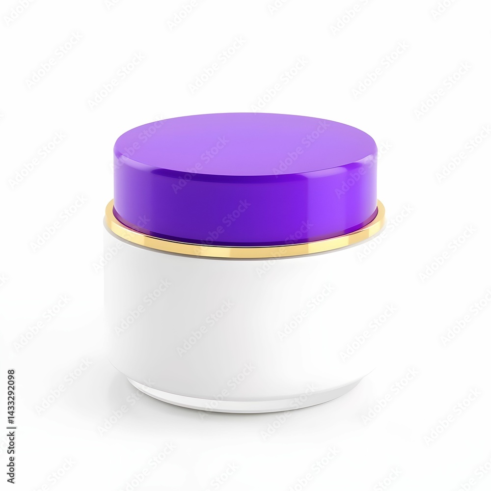 Cosmetic jar, purple lid, white container, minimalist design, beauty product, skincare, pastel colors, soft lighting, clean aesthetic, 3D rendering, product photography Cosmetic jar, purple lid, white container, minimalist design, beauty product, skincare, pastel colors, soft lighting, clean aesthetic, 3D rendering, product photography
