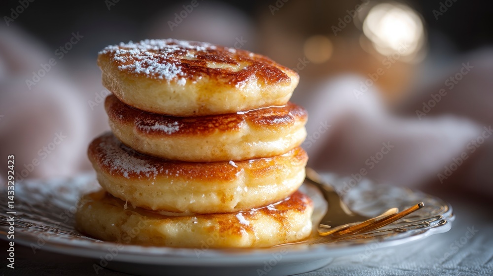 Stack of Delicious Pancakes with Syrup and Powdered Sugar Closeup Stack of Delicious Pancakes with Syrup and Powdered Sugar Closeup