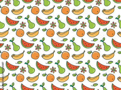 Summer fruit symbol seamless pattern. Hand drawn black contour line stroke graphic, colourful linear doodle cartoon style design. White background. Vector illustration Swatch