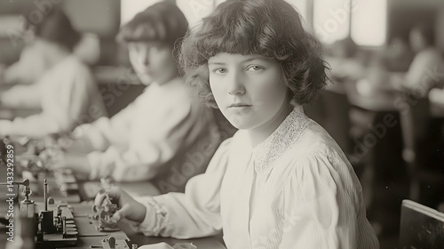 Young woman factory worker, focused expression, 1920s workplace, colleagues in background; historical photo for social history, education
