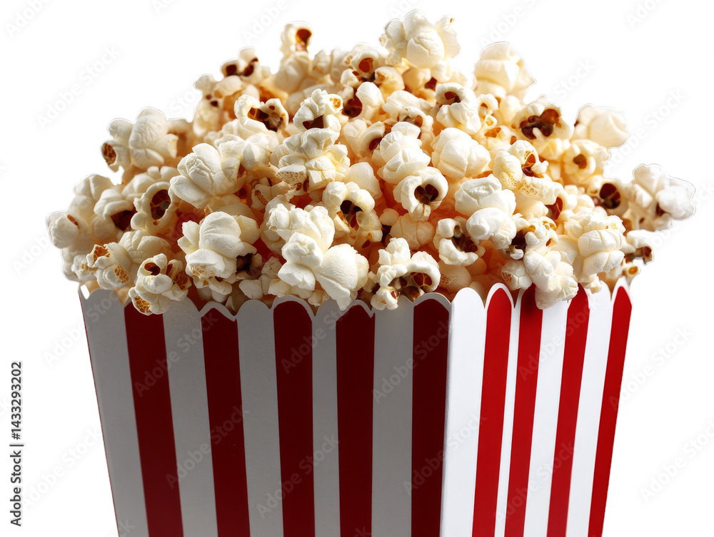 A large container filled with fluffy, freshly made popcorn sits against a white background, inviting snack lovers for movie nights or other special gatherings with friends and family A large container filled with fluffy, freshly made popcorn sits against a white background, inviting snack lovers for movie nights or other special gatherings with friends and family