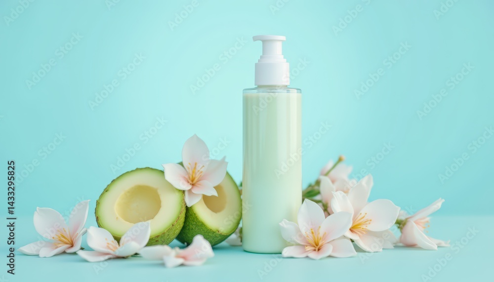 Cosmetic bottle with avocado and flowers on a blue background. Cosmetic bottle with avocado and flowers on a blue background.