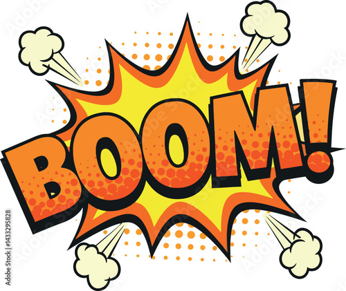 Boom comic style explosion text with orange and yellow burst vector illustration 