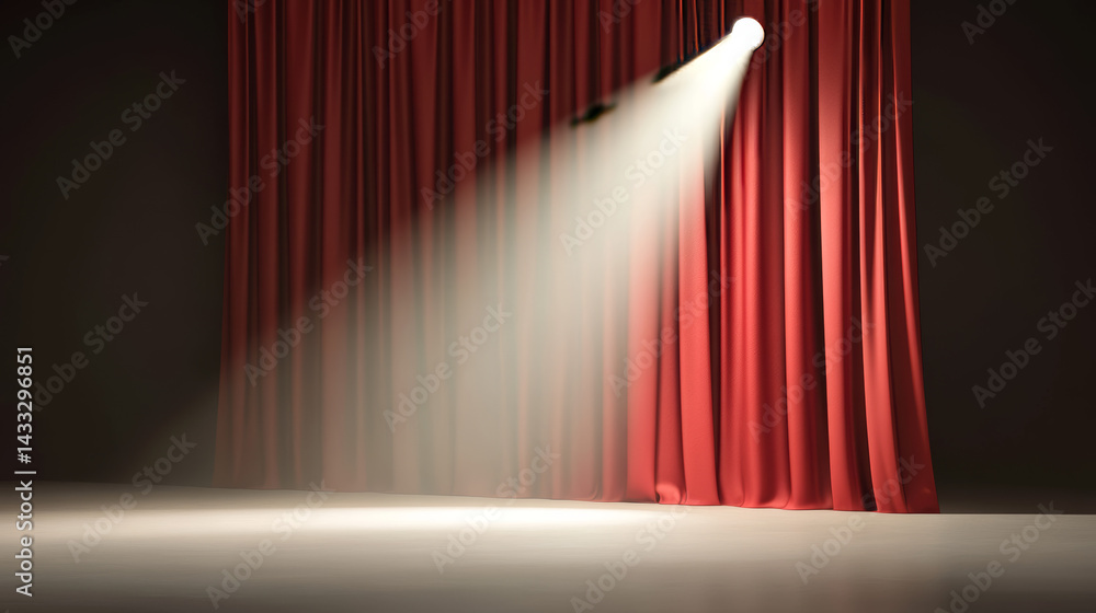 In a theater setting, a bright spotlight shines on red curtains, enhancing the anticipation of an upcoming performance. The dark background emphasizes the vibrant color of the curtains