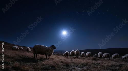 Soft moonlight illuminates a serene rural landscape where a flock of sheep grazes peacefully in the cool night air. The stars twinkle in the clear sky, enhancing the tranquil atmosphere