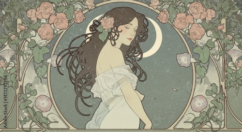 Dreamy Woman in Art Nouveau Style with Floral and Moon Details
