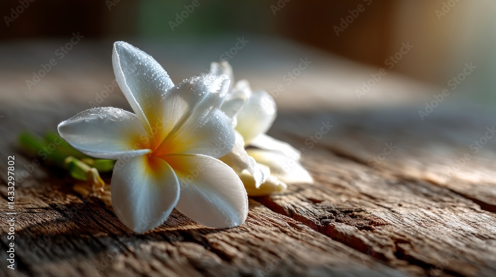 White Frangipani Flowers with Water Droplets Resting on a Wooden Surface White Frangipani Flowers with Water Droplets Resting on a Wooden Surface