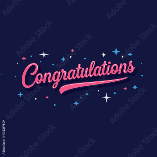 Congratulations text with sparkling stars on dark background in pink and blue colors vector illustration 