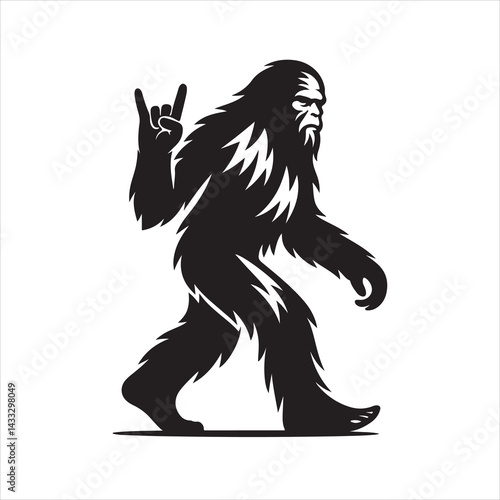 Black and white silhouette of a walking Yeti (Bigfoot) throwing the heavy metal horns with a fierce expression