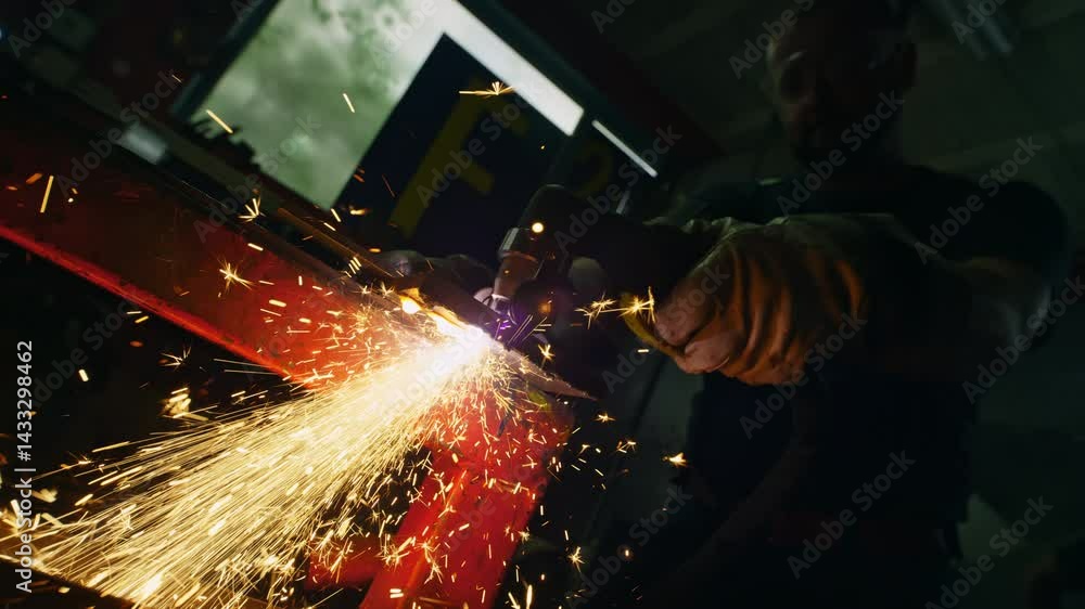Worker operating a plasma cutter, cutting metal and producing bright sparks in a dark workshop, close up shot. Job, work and craft concept. Worker operating a plasma cutter, cutting metal and producing bright sparks in a dark workshop, close up shot. Job, work and craft concept.