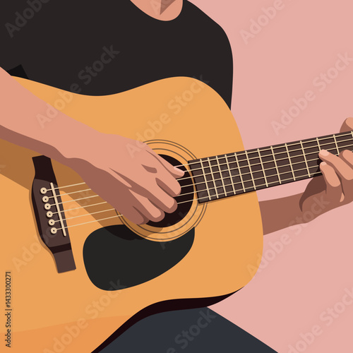Acoustic guitar player strumming strings close up vector illustration with warm beige background 