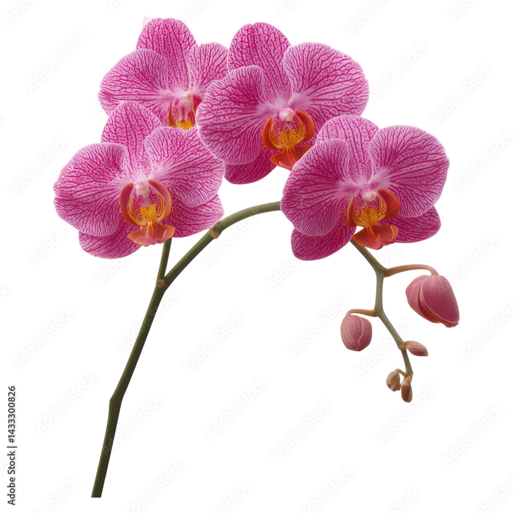 Obraz premium Beautiful Pink Orchid Blooming on Elegant Green Stem Close-up, isolated on transparent background.