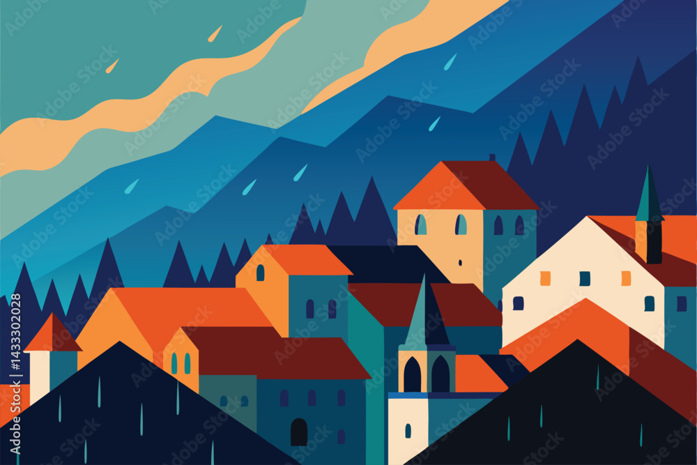Naklejka premium rain falling on rooftops of colorful hillside town.eps 