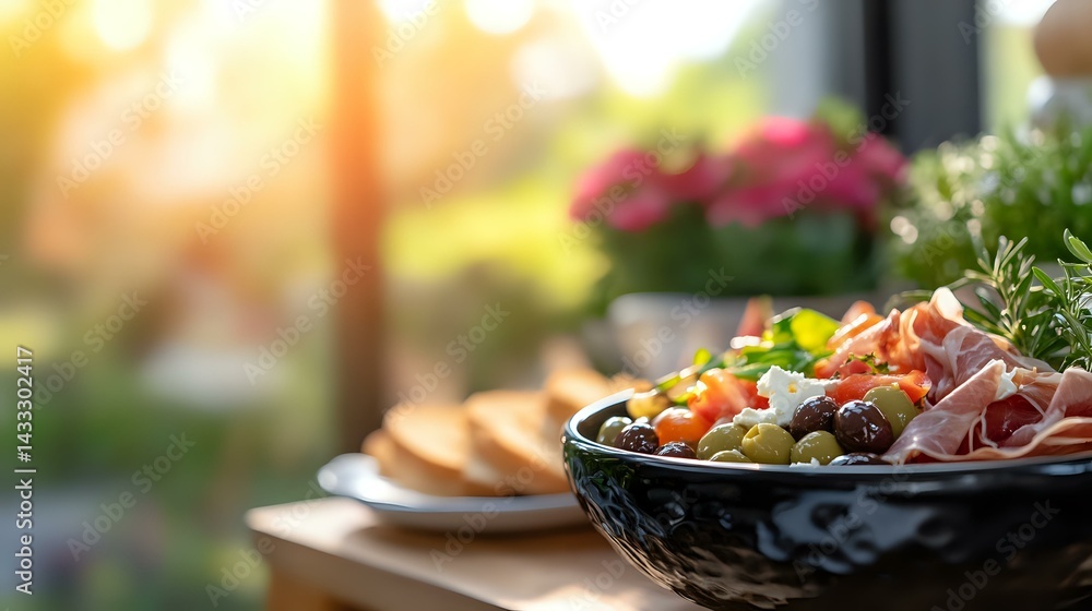 Fresh Mediterranean salad with olives, tomatoes, onions and herbs in dark textured bowl, bread slices on side plate, sunlit garden background, food photography.