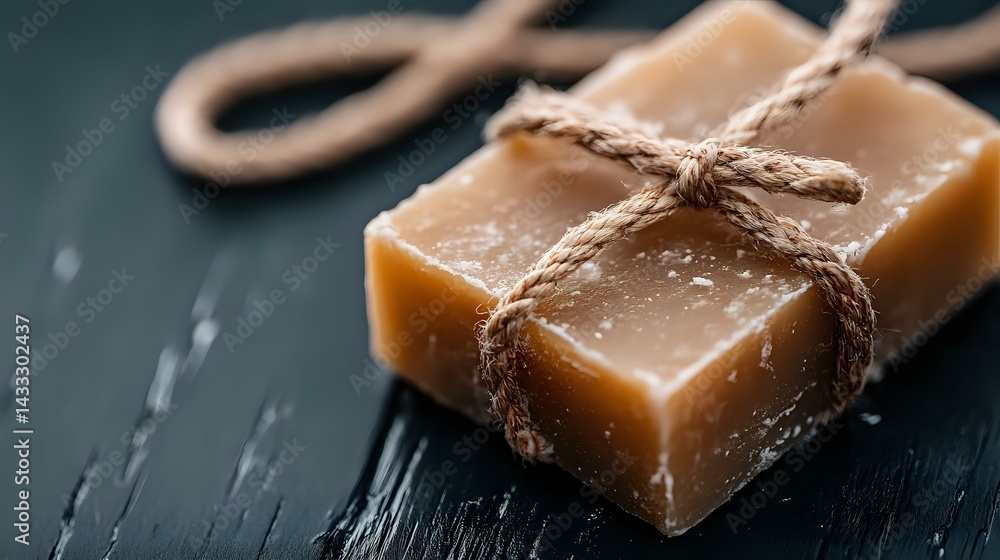 Homemade salted caramel fudge pieces tied with rustic twine on dark slate background, selective focus with soft natural lighting and textured surface.