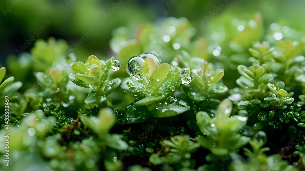 Fresh green succulent leaves covered with morning dew drops in macro photography, natural bokeh effect creates dreamy atmosphere for nature and garden designs.