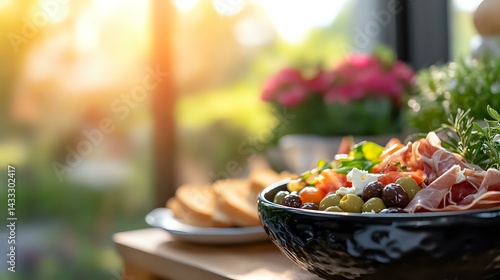 Obraz na płótnie Fresh Mediterranean salad with olives, tomatoes, onions and herbs in dark textured bowl, bread slices on side plate, sunlit garden background, food photography. w salonie