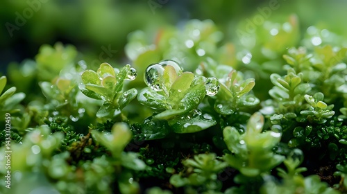 Obraz na płótnie Fresh green succulent leaves covered with morning dew drops in macro photography, natural bokeh effect creates dreamy atmosphere for nature and garden designs. w salonie