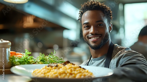 Obraz na płótnie Young African American male chef presenting gourmet mac and cheese dish with fresh salad in upscale restaurant kitchen, displaying genuine warm smile and professional confidence. w salonie