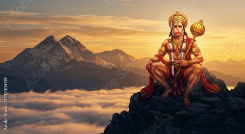Hanuman Sitting Atop Mountain with Scenic Cloud and Mountain Backdrop