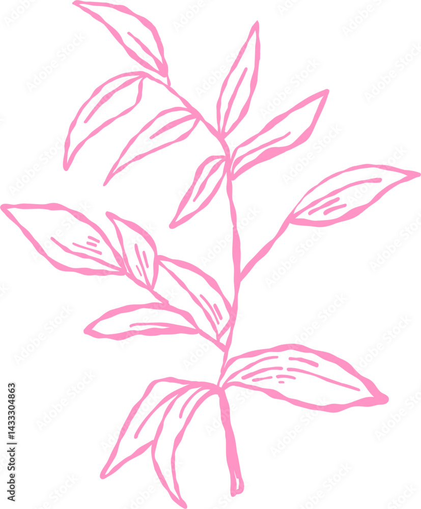 Fototapeta premium Flower and Leaf Line Art Pink Color Hand Drawn Sketch Style