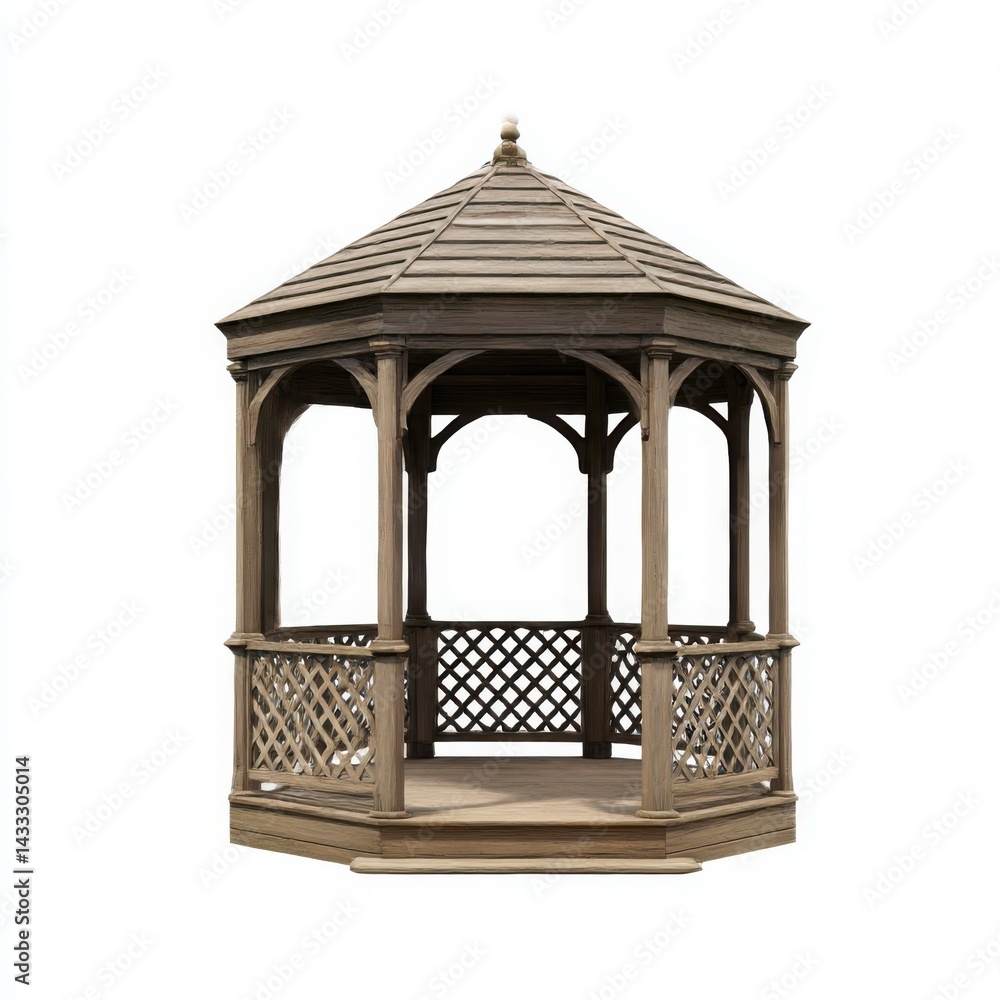 Fototapeta premium A wooden gazebo with a hexagonal roof and lattice railing on a white background