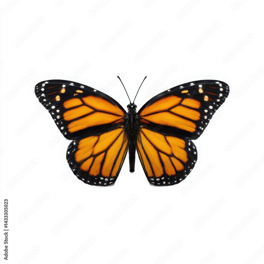 Fototapeta premium Close up of a monarch butterfly with orange and black wings on white background