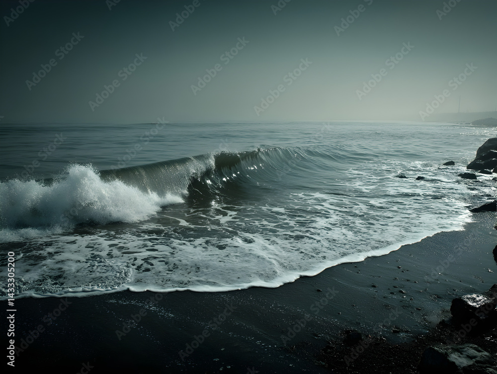 Soft blue ocean waves gently rolling onto an empty beach, minimalist style.
Soft blue ocean waves gently rolling onto an empty beach, minimalist style.