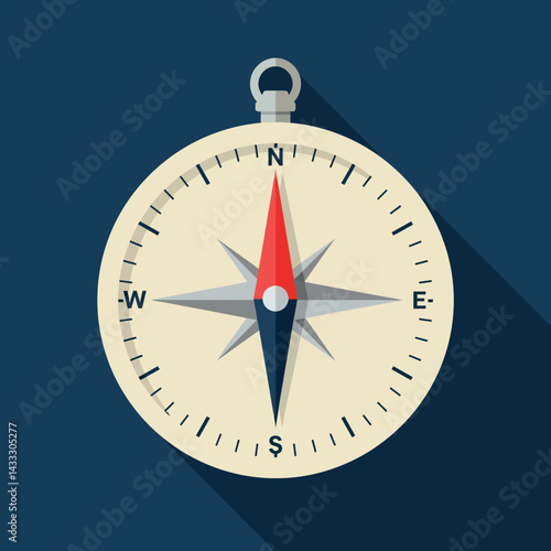 Compass navigation tool with red and black needle on dark blue background vector illustration 