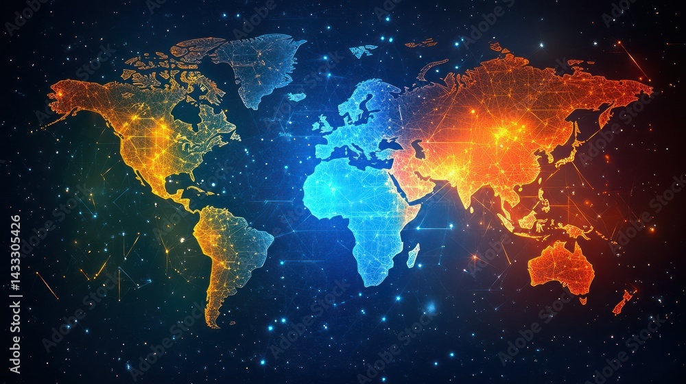 Fototapeta premium World map illustrates global connectivity, network, digital structure representing worldwide systems, technology and abstract designs.