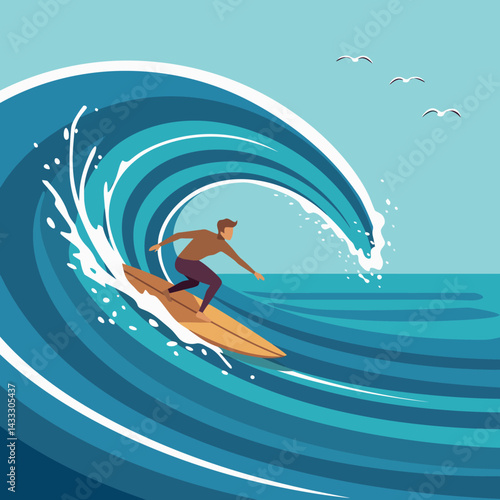 Surfer riding large ocean wave with sea birds in blue sky vector illustration 